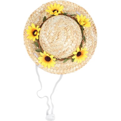 Chapeau Sombrero pour animaux de compagnie, mini paille, chapeaux de fête d'anniversaire avec fleurs pour petits et moyens chiens/chats, jaune S (1/5)