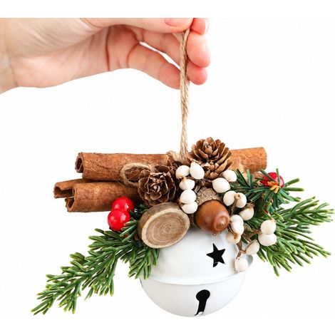 Décorations de Noël à suspendre au sapin, cloches, bois de cerf, nœuds, pommes de pin, pendentifs, or, rouge, blanc, cloche en pin blanc (1/5)