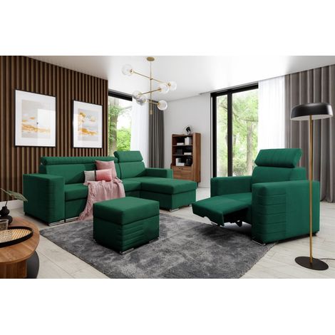 Ecksofa inkl. Hocker und Sessel CANTON Stoff Camelia Grün Ottomane Rechts (1/4)