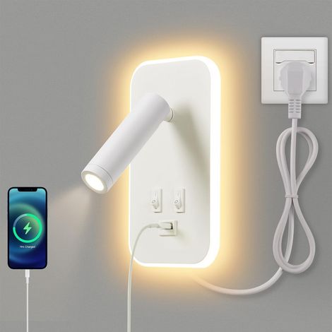 LED leselampe wandlampe USB-Aufladung mit schalter verstellbarer wandleselampe Bettlampe Wandleuchte innen Leselicht Schwenkbar Schlafzimmer 3W 3100K +9W 6000Kmit Stecker und Kabel, weißes Licht[Energ (1/5)