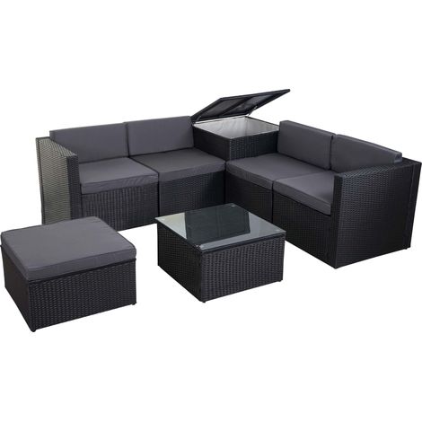 Salon de jardin fauteuil table coffre pouf en poly-rotin pour balcon jardin anthracite coussin gris foncé 040003049