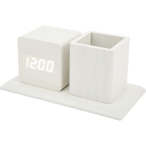Horloge porte-stylo avec affichage de la température et du calendrier, réglage de la luminosité sur trois niveaux, réveil numérique LED à commande vocale, aspect bois blanc avec lumière blanche. (1/5)