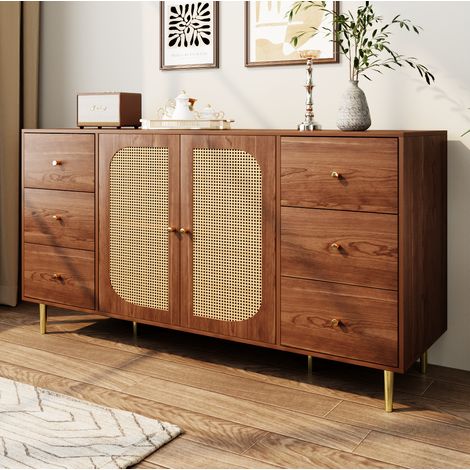 Credenza 160x40x90 cm in rattan e MDF con 6 cassetti e 2 ante portaoggetti, marrone (1/5)