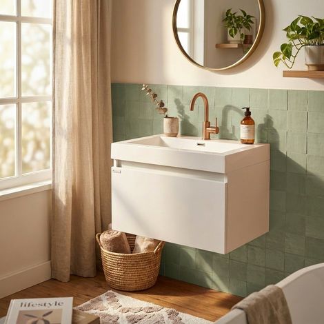 Meuble de salle de bain suspendu 60 x 48 cm avec vasque, blanc brillant, Verona (VERONA60WH) (1/5)