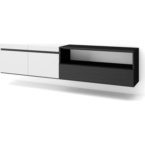 Skraut Home - Meuble TV, Banc Télé, Grand espace de Rangement, 200x45x35cm, Pour les TV jusqu'à 80", Suspendu, Mural, Style moderne, Blanc et noir (1/5)