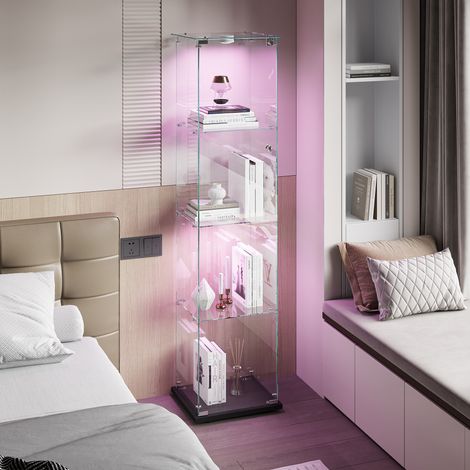 Vitrines en verre, 39.5x35x163cm, LED réglable, Vitrine Armoire, 4 étagères et 1 porte, Verre Trempé,  pour Salon, Chambre, Noir