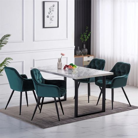 AINPECCA 1.5M White Dining Table and Velvet Chairs 4 Set Padded Chairs Home Kitchen(1 TABLE+4 TEAL CHAIRS)