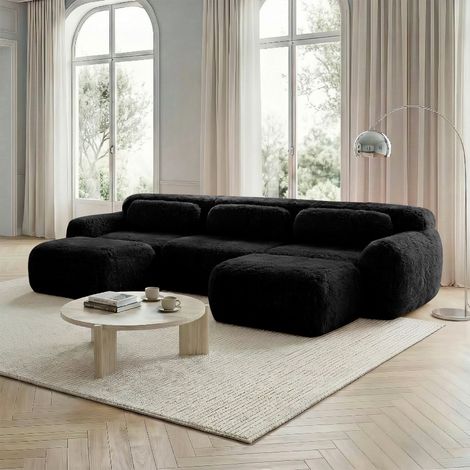 Canapé d'angle modulable en U noir, tissu moelleux, monté, base antidérapante, idéal salon chambre 291x179x73cm