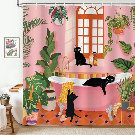 Rideau de Douche Bohème Chat Feuilles Tropicales 180x180cm Rose (1/5)
