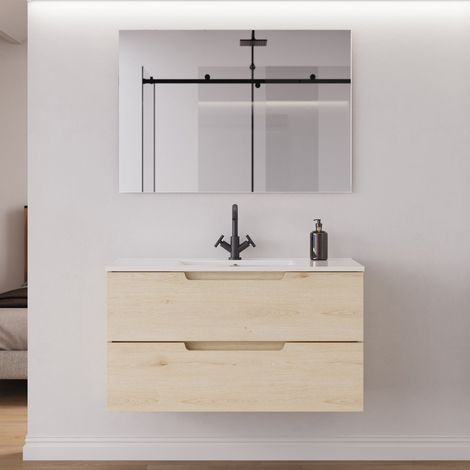 Meuble de salle de bain 90cm simple vasque - 2 tiroirs - roble calima (bois clair) - SONRIZA (1/5)