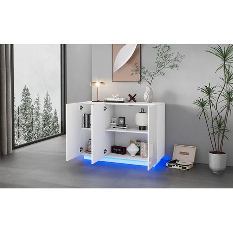 Armoire en acajou brillant, ouverte et fermée. Meuble de côté blanc. Pieds pour lumières LED. Comode avec tiroir, dimensions : 1204075 cm. (1/5)
