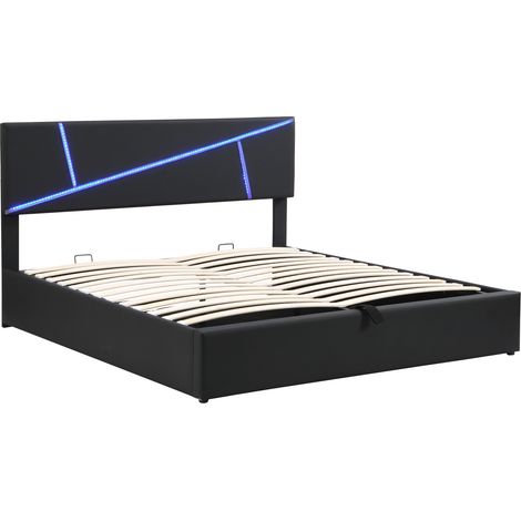 Letto matrimoniale imbottito in PU nero 140x200 cm con contenitore, LED sul testiera e rete a doghe inclusa (1/5)