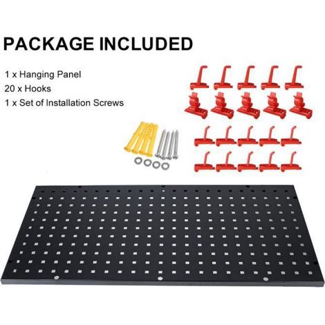 Panneau Perfore - Acier Noir 90x45 cm - Support Mural Pour Outils - Avec 20 Crochets (1/4)