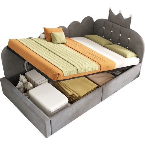 Lit de jour rembourré 90x190 cm, canapé-lit de jour avec rangement hydraulique, lit d'appoint en L en velours gris avec design grille-couronne, sans matelas