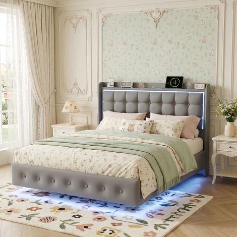 Lit adulte Double 160x200 cm en flanelle - flottant Suspendu avec LED et Ports USB - Sommier à Lattes Inclus, Scandinave, Gris