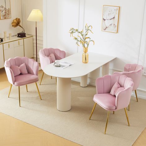 Lot de 4 fauteuils velours dossier pétale pieds métal doré,ensemble coordonné pour salle à manger chambre-Go. (1/5)