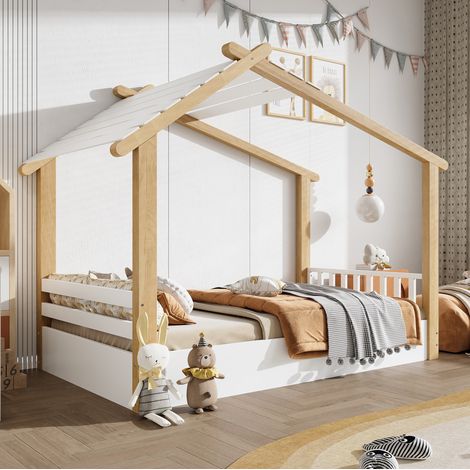 Lit enfant 90/190 cm blanc et naturel en bois de pin et panneaux de fibres style maison (1/5)