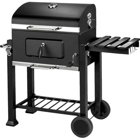 Parrilla de carbón, control de calor ajustable, incluye estantes de almacenamiento, color negro. (1/2)