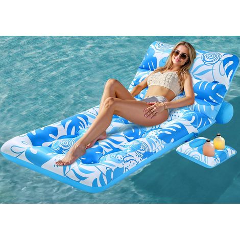 Matelas Gonflable pour Adultes, Transat de Piscine à Motif Feuilles Tropicales avec Dossier Réglable et Porte-Gobelets, Bouée Flottante pour Bronzage, Chaise Flottante pour Piscine, Plage, Lac