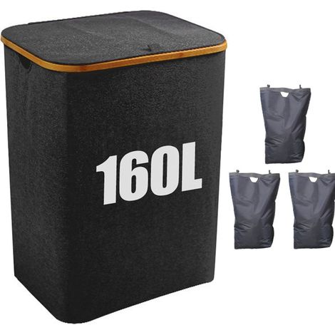 Nannigr Panier à linge avec couvercle - 3 compartiments - 160 l - Avec 3 sacs à linge - Grand panier à linge pliable - En bois de bambou - noir (1/5)