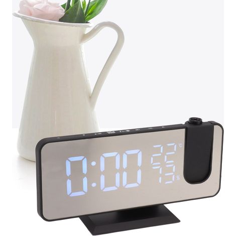 Reloj despertador inteligente con proyección LED y radio FM para dormitorio y mesita de noche, carcasa y pantalla negras. (1/5)