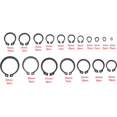 150 pièces de circlips à ressort assortis, 18 tailles de 3 à 32 mm avec boîte de rangement