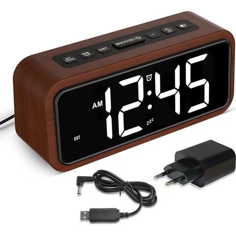 Réveil Fort pour Dormir Profond, réveil en Bois avec Affichage LED, 12 sonneries d'alarme, 5 Niveaux de luminosité réglables, 5 volumes, DST Manuel, Style rétro pour Chambre à Coucher ( Blanc) (1/5)