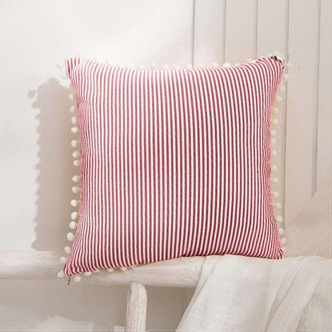 Housse de coussin décorative 45 x 45 cm rouge et blanche à rayures et pompons, pour lit ou canapé