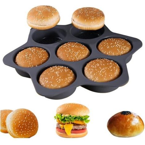 Moule Pain Hamburger en Silicone Rond,Plaque à Petits Pains avec Revêtement Antiadhésif,7 Cavités Perforées,Pour Pain, wj (1/4)
