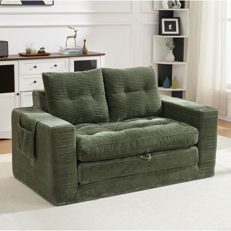 Canapé 2 places vert en velours côtelé, idéal pour s'asseoir et se reposer, avec accoudoirs élargis et poches latérales – Dimensions : 140 x 85 x 67 cm (1/5)