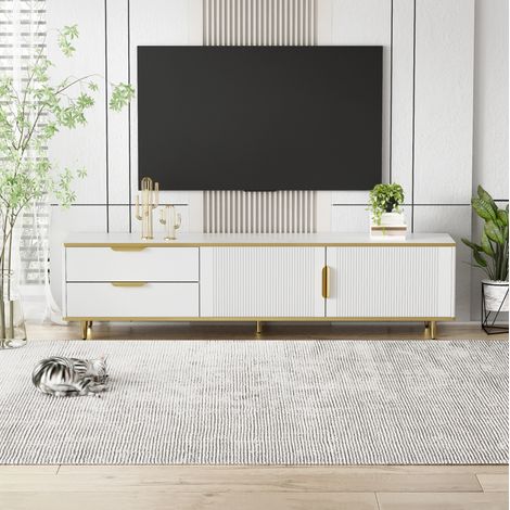 Mueble TV salón con cajones puertas blanco y dorado HAVRYA (1/5)