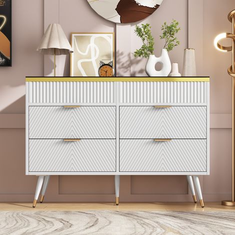 Commode 120x40cm - 6 Tiroirs (2 avec Push-to-Open) - Verre Brun sur Dessus - Structure Métal et Panneau de Particules - Capacité 45kg - Blanc