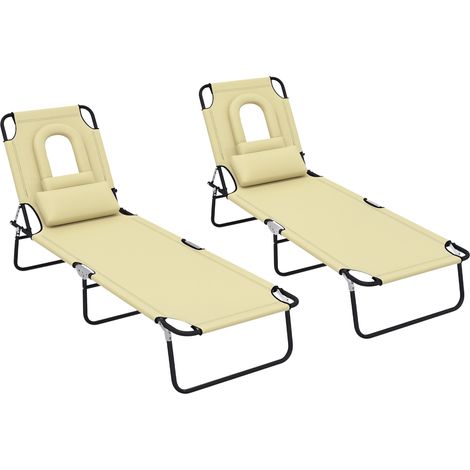Outsunny Folding Sun Loungers Set of 2 with Face Hole, 4-Position Adjustable Backrest Garden Recliner Chairs Sunbeds, Outdoor Lounge Chairs with 600 D Oxford Cloth Seat, Pillow for Beach, Beige