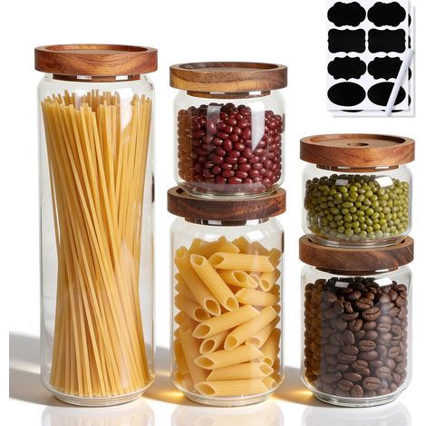 Lot de 5 Bocaux en Verre Hermetiques avec Couvercle en Bois 1700ml/1000ml/750ml/500ml/350ml, Pot en Verre Empilables Bocaux de Rangement Cuisine pour Muesli, Céréales, Cornflakes, Thé (1/5)