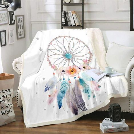 Couverture polaire en flanelle - 150 x 200 cm - Style bohème - Motif attrape-rêves - Pour filles, enfants, femmes - Fleurs - Plumes (1/5)