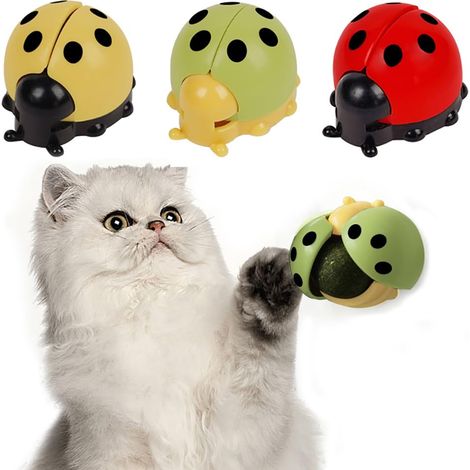 Lot de 3 jouets en forme de coccinelle remplis d'herbe à chat pour chats d'intérieur : autocollants muraux, jouets à lécher et outils de toilettage, 3 couleurs (1/4)