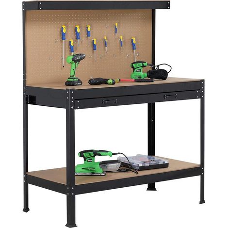BAKAJI Banco da Lavoro Officina Porta Utensili Bancone Struttura in Metallo Piani in Legno MDF con Parete Ganci Portattrezzi Cassetto e Ripiani Colore Nero Dimensione Tavolo (120 x 140 cm) (1/5)