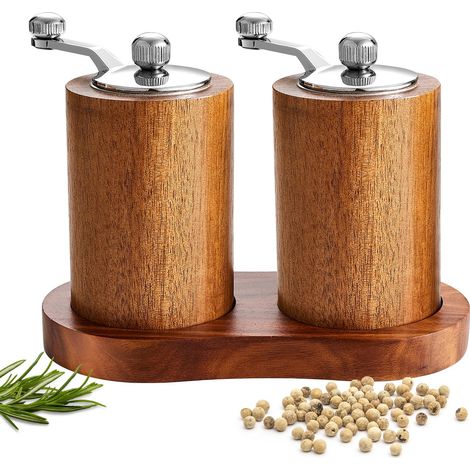 Molinillo de Pimienta Madera Acacia, 2 Piezas Con Placa Base, Manual Para Moler Sal, Especias, Espesor Molienda Adjustable (3 (1/5)