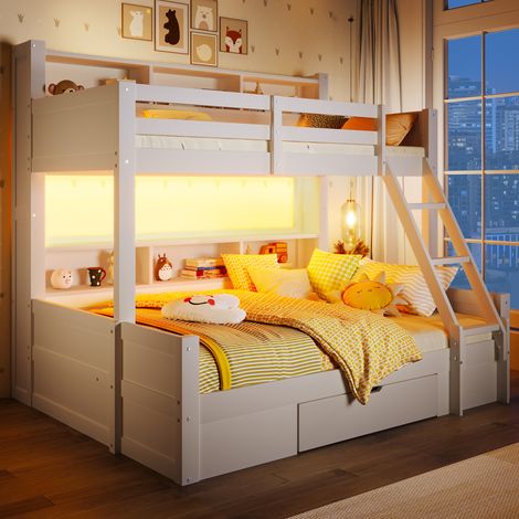 Lit superposé enfant 3 places 90x200/140x200 cm avec LED, tiroir, rangements ouverts, garde-corps, pin, MDF et contreplaqué blanc (1/5)