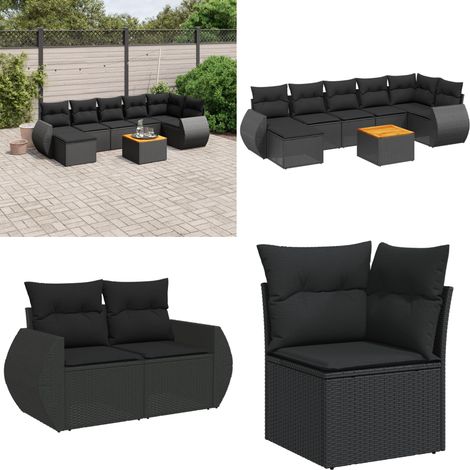 Salon de jardin 8 pcs avec coussins noir résine tressée - Salon De Jardin - Meuble Extérieur - Résine Tressée - Rotin Synthétique - Acacia - Home & Living (1/5)