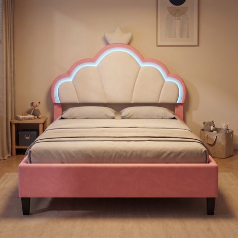 Lit enfant simple 140x200 cm avec éclairage LED, tête de lit réglable et sommier, lit capitonné en velours, style princesse, Rose et Blanc (1/5)