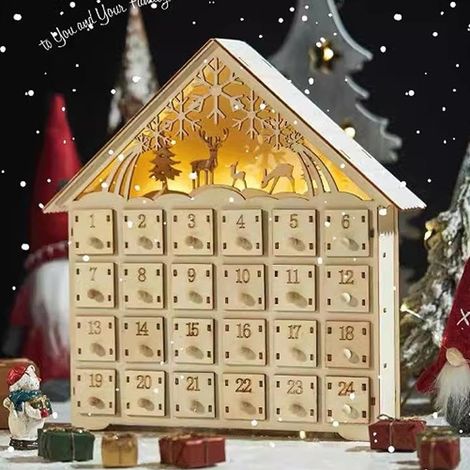 Calendrier de l'Avent en bois avec LED - Compte à rebours de 24 jours avec boîtes de rangement, décoration de Noël réutilisable, présentoir lumineux pour le compte à rebours de Noël (1/5)