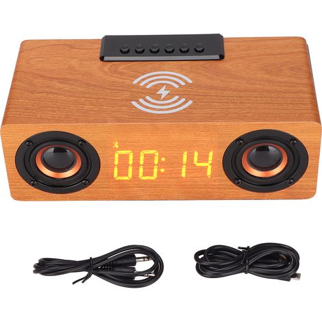 Réveil rétro en bois haut-parleur Bluetooth 10W, charge sans fil, noyer clair, enceinte pour téléphone et tablette. (1/5)