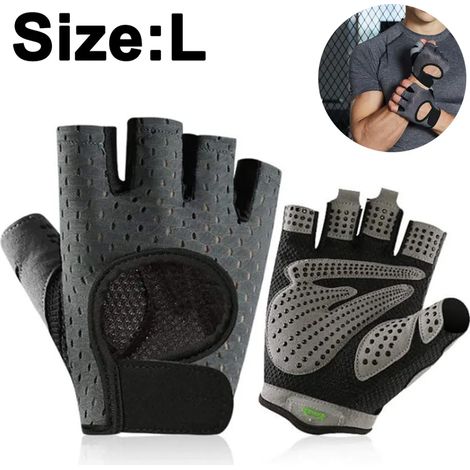 Guantes de fitness hombres mujeres guantes de deporte de media dedo respirables para ciclismo, entrenamiento de fuerza, levantamiento de pesas, culturismo (Gris, L) (1/3)