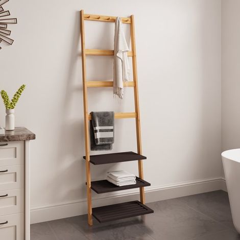 Toallero, Escalera decorativa para toallas, Con tres estantes, Bambú, 52x28,5x183cm, pasillos, dormitorios y salas de estar, Color madera natural (1/5)