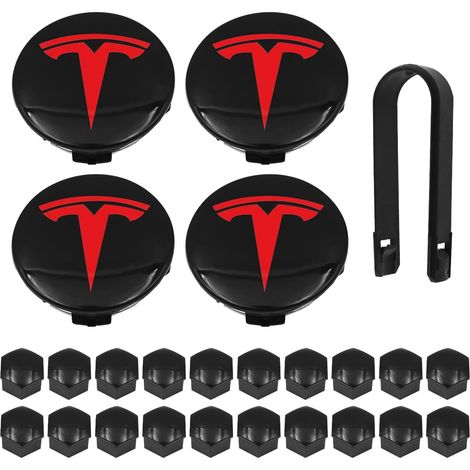 Kit de 25 Cache-moyeux avec 4 Cache-moyeux centraux, 20 Cache-écrous de Roue et 1 extracteur pour 3, Y, S, X – T Rouge (1/5)