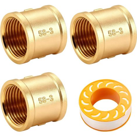 Lot de 3 manchons en laiton 1" - Filetage intérieur Double manchon IG/IG + ruban téflon 11 m Adaptateur résistant à la corrosion pour raccord tuyau d'eau chaude et froide (1/5)