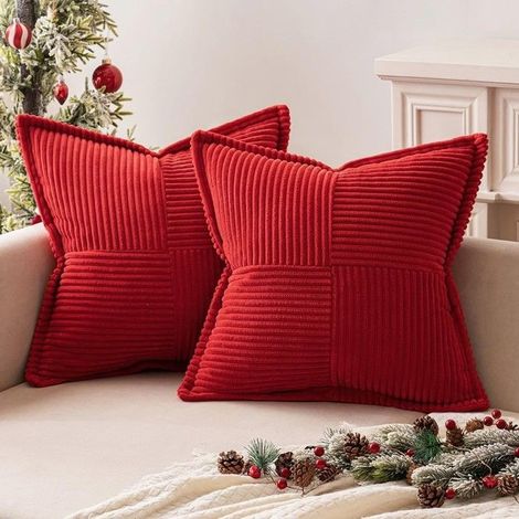 Housses de coussin en velours côtelé, lot de 2 housses de coussin carrées décoratives à patchwork, douces et moelleuses, idéales (1/5)