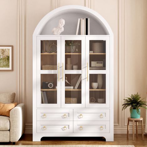 Credenza alta mobile soggiorno 110x40x185 cm con 3 ante in vetro 4 cassetti e vano a semicerchio - Armadio dispensa moderno e buffet per cucina in mdf e pb - Bianco (1/5)