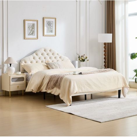Bett modern gepolstert aus Samt beige 140x200 cm mit verstellbarem Kopfteil und Lattenrost aus Holz
